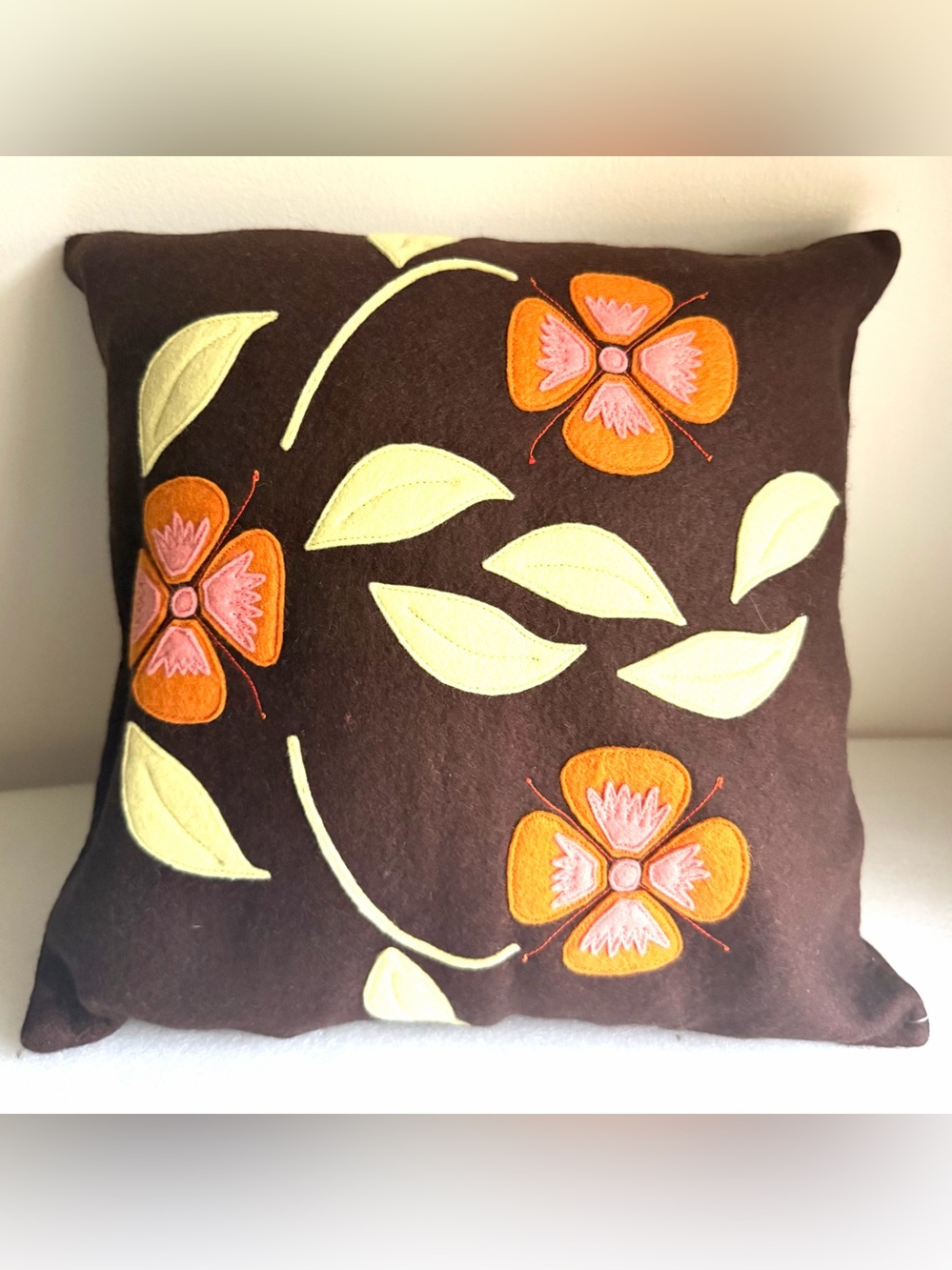 NOS Retired Collection Folk Art Floral Pillow Brown Felt Cottagecore 13.5